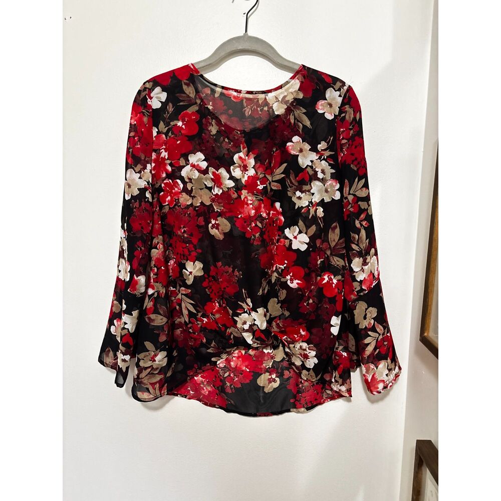 New Directions Petite Small Black Red Floral Sheer Blouse Romantic Workwear
